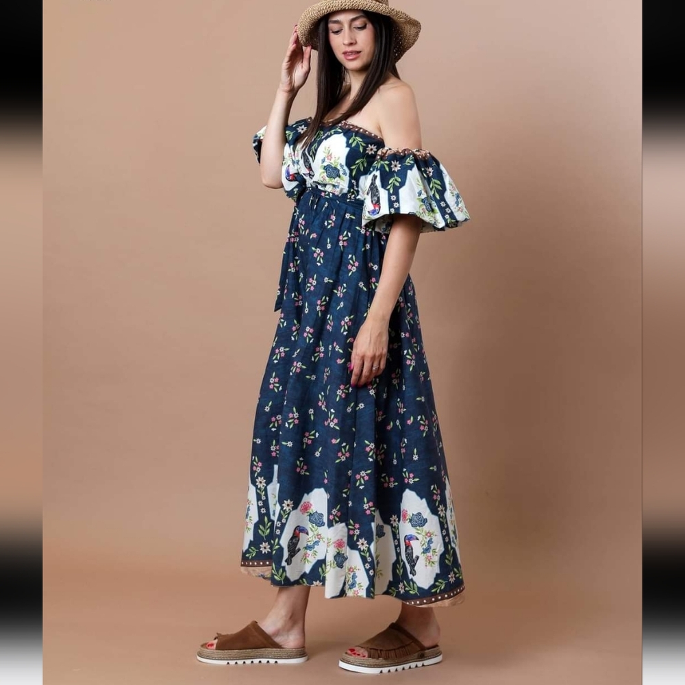 M blu royal Paradiso italy mermaid tropical print puff sleeve dress